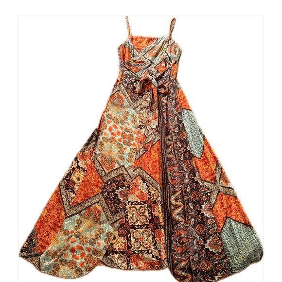 NWT Organic Viscose Boho Maxi Dress | Adjustable Wrap Palazzo Gown with Slits - Picture 4 of 13